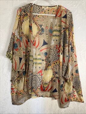 Umgee Beige Sheer Kimono with Multicolor Geometric Pom Accents M/L